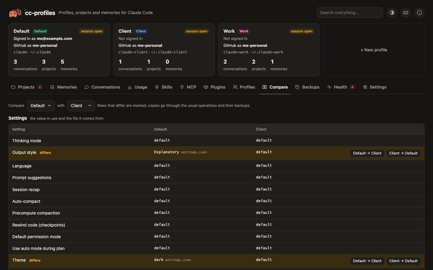 Two profiles compared setting by setting, with the differences highlighted and a copy in either direction