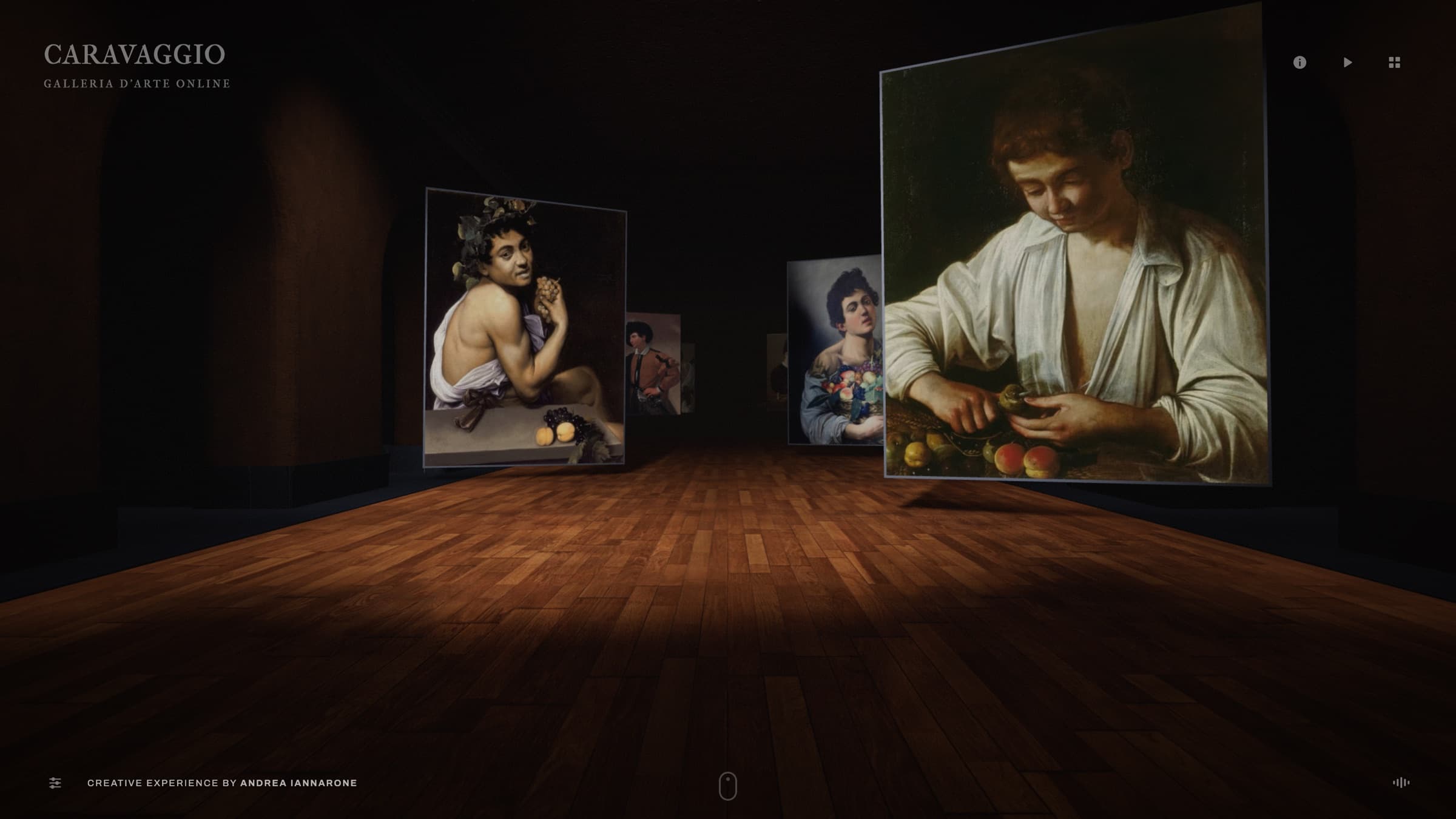 La sala della galleria: pareti scure, pavimento in legno e i dipinti illuminati sui due lati