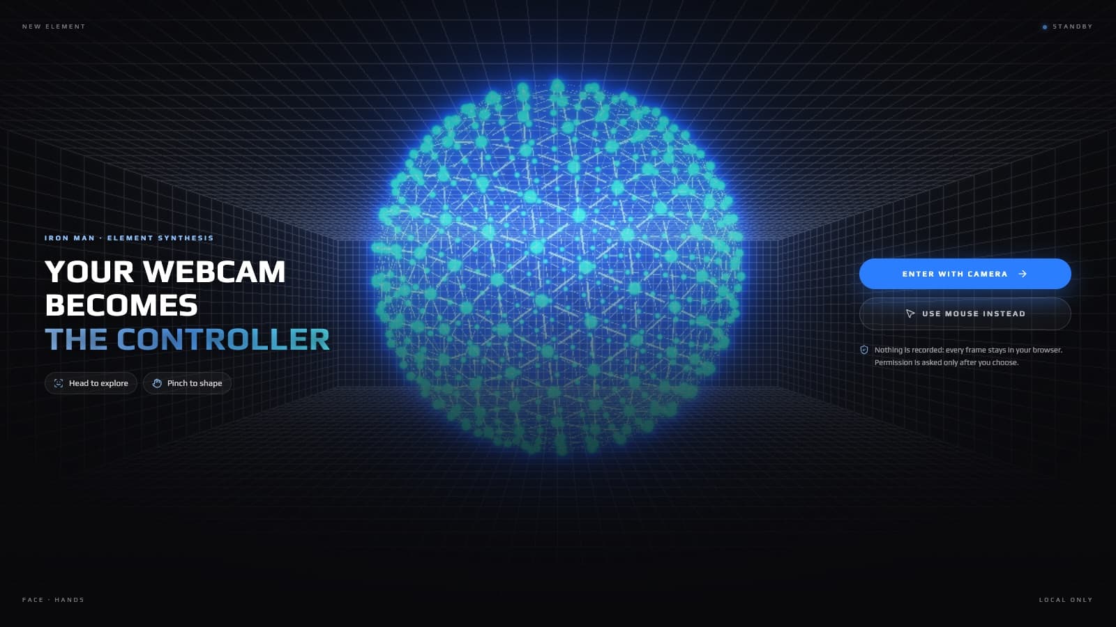 The entry screen: the sphere of particles and the choice between camera and mouse